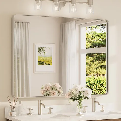 Vista 102 de Espejo de marco dorado cepillado de 16 x 24 pulgadas, espejo de tocador de baño de latón dorado para pared, espejo enmarcado rectangular de esquina