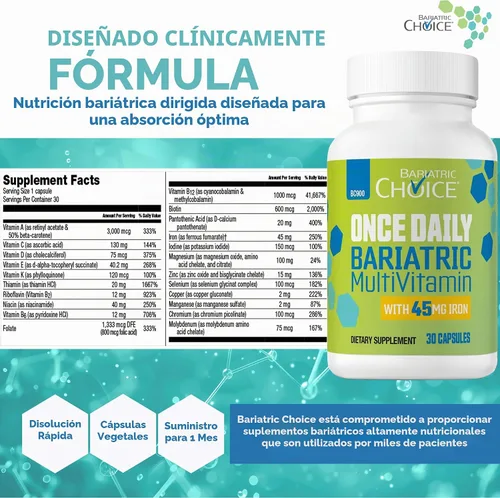 Vista 7 de Bariatric Choice Multivitamínico bariátrico una vez al día con 45 mg de hierro, cápsula fácil de tragar, vitamina para pacientes de cirugía