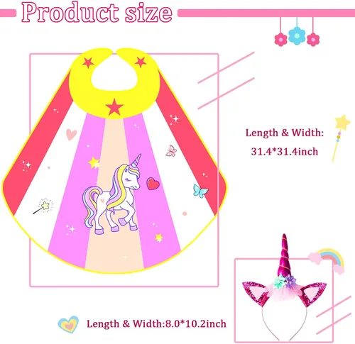 Vista 7 de iROLEWIN Capas y máscaras de unicornio arcoíris para niñas, disfraz de superhéroe de princesa, disfraz de princesa como regalos de fiesta