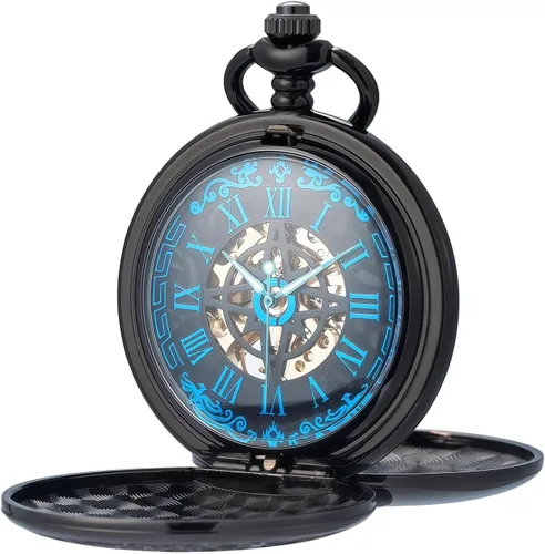Vista 11 de Relojes mecánicos de bolsillo con números romanos con esfera y cadena para hombre y mujer