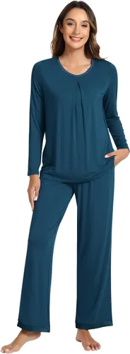 Vista 65 de NACHILA Women's Pajamas Set-Viscose Made from Bamboo, Long Sleeve Sleepwear Top with Pants Comfy Pajama Soft 2 Piece Pjs B-aqua Green