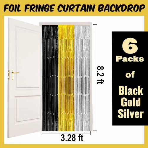 Vista 2 de Paquete de 6 cortinas de flecos de papel de aluminio negro dorado y plateado, 3.28 x 8.2 pies, cortinas metálicas de oropel para cabina de fotos