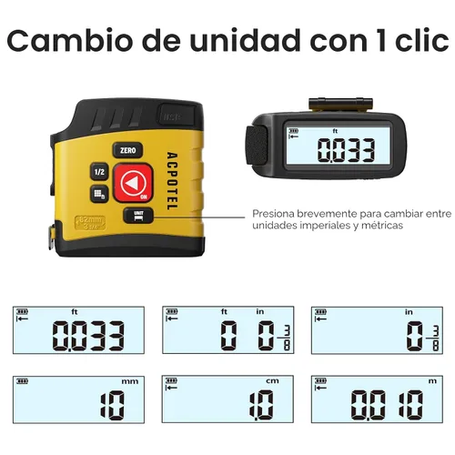 Vista 4 de ACPOTEL Digital Tape Measure 16ft, LCD Display, 6 Metric & Imperial Units Amarillo