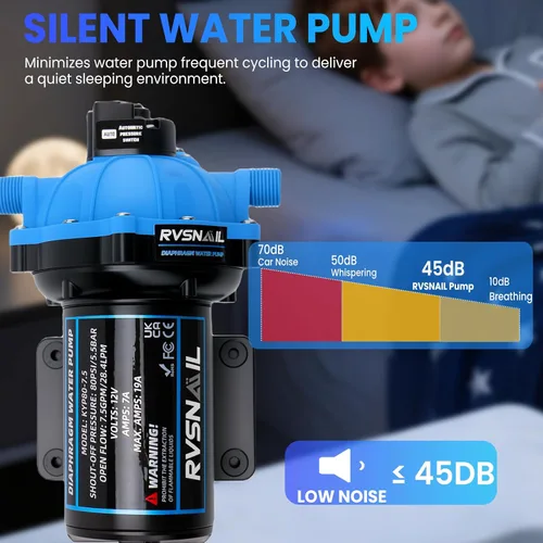 Vista 10 de Bomba de agua RV de 12 V, bomba de diafragma de 5 cámaras de 7.5 GPM 80PSI, autocebante con interruptor de presión resistente y colador para RV