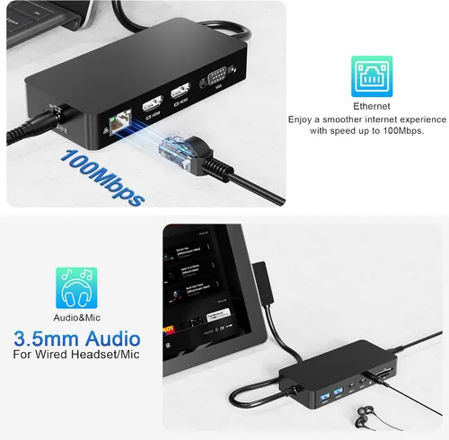 Vista 7 de Surface Dock, 12 en 1 pantallas triples VGA + Dual HDMI Surface Pro Dock, estación de acoplamiento de superficie para Surface Pro