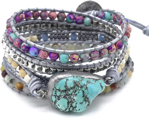 Vista 63 de ZOSOJONA - Pulseras bohemias hechas a mano de piedra natural, que dan vuelta, con cuentas de cristal de turquesa