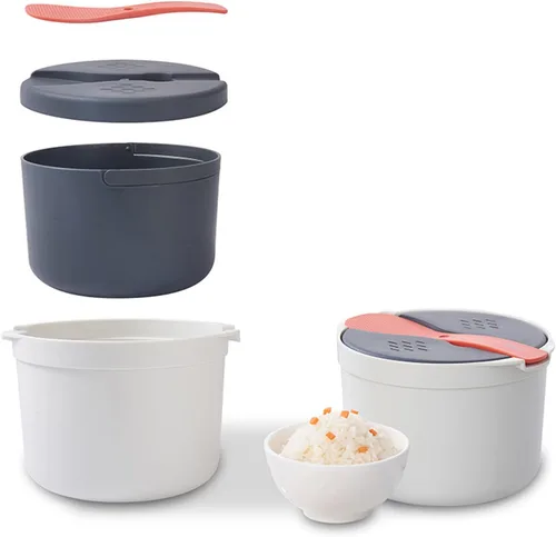 Vista 6 de La olla de 2 litros no contiene BPA con ventilación de liberación de vapor, olla arrocera para microondas, material PP de grado alimenticio, cuchara