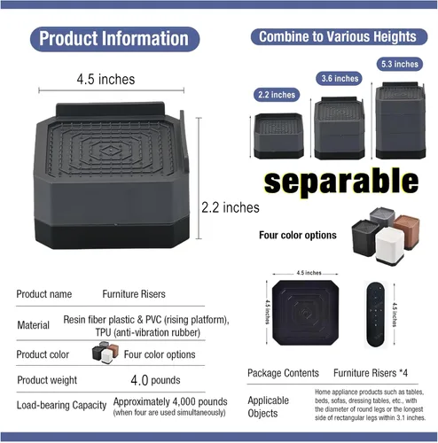 Vista 2 de EclatBain Elevadores de muebles de alta resistencia rectangular ajustable para escritorio de 3 pulgadas y 4.3 pulgadas, para escritorio, sofá, patas