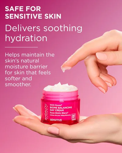 Vista 6 de Andalou Naturals 1000 Roses Skin Biome Crema de día equilibrante – Hidratante facial ligero con células madre de rosas alpinas, postbióticos