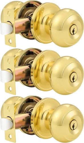 Vista 28 de Probrico - Perillas de entrada para puerta con llaves iguales, juego de cerradura de la puerta de latón antiguo con perillas redondas de bola