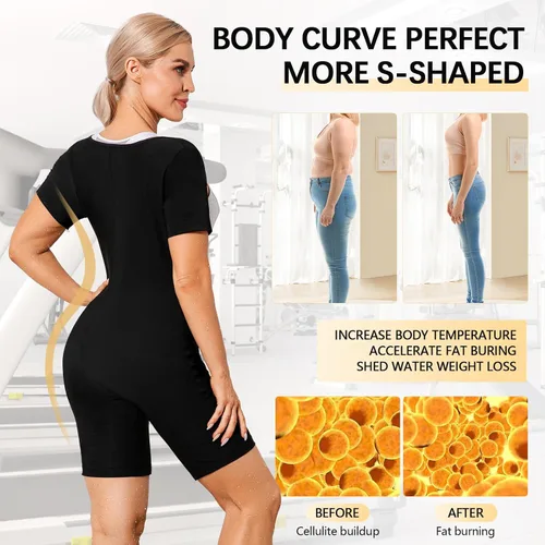 Vista 6 de Traje de sauna para mujer, entrenamiento de cintura de cuerpo completo, traje de sudor de manga corta con pantalones cortos moldeador de cuerpo