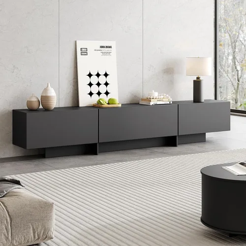 Vista 2 de Soporte de TV moderno de 76.4 pulgadas para sala de estar, consola de TV moderna de mediados de siglo, centro de entretenimiento con 3 cajones