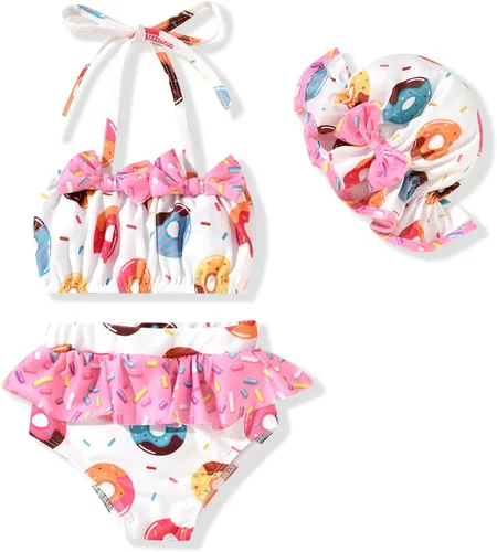 Vista 14 de Aalizzwell Conjunto de bikini de 3 piezas para niñas pequeñas con sombrero Bandera estadounidense