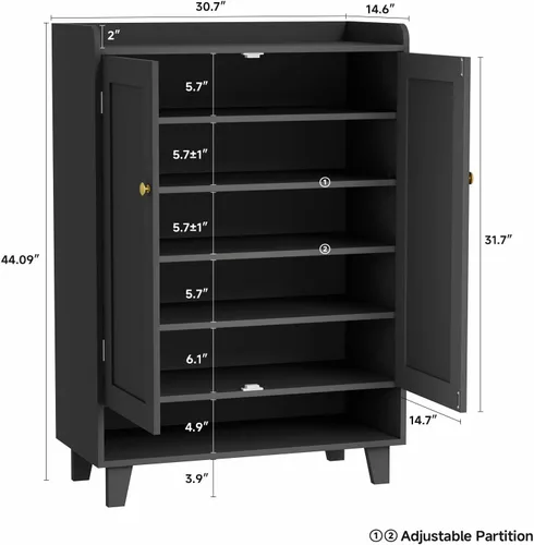 Vista 2 de Zapatero de estante plano con puertas, armario de almacenamiento de zapatos de 6 niveles con estantes ajustables, zapatero de madera para zapatos