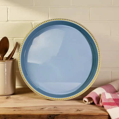 Vista 8 de Bandeja decorativa azul para mesa de café, bandeja de servir redonda de plástico con cuentas para encimera de cocina, otomana, sala de estar, (13")
