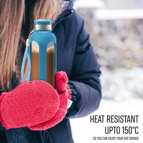 Vista 6 de Botella de agua Swig Savvy, resistente a la rotura, de vidrio de borosilicato, con funda protectora de silicón Sin BPA, duradera y elegante.