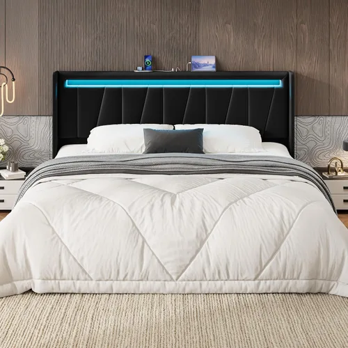 Vista 9 de SHA CERLIN - Base de cama tamaño King con estación de carga y luces LED, cama moderna de plataforma de terciopelo con cabecera tapizada geométrica