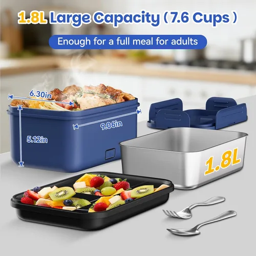 Vista 6 de Vingud Lonchera eléctrica inalámbrica para adultos, lonchera térmica recargable de 1.8 L, calentador de alimentos, lonchera portátil autocalentable