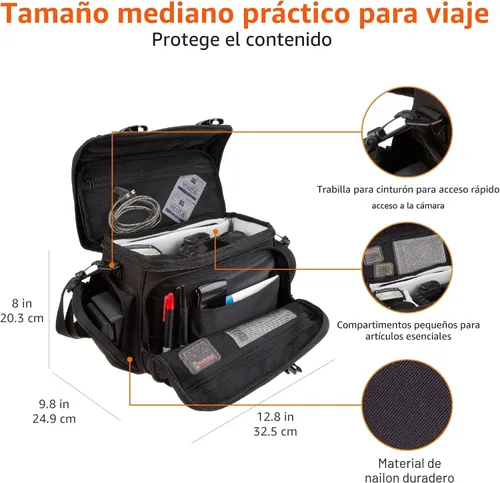 Vista 4 de Amazon Basics Bolsa grande para dispositivos DSLR, negra con interior gris