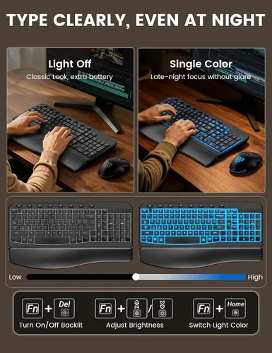 Vista 4 de SABLUTE Combo de teclado y mouse inalámbrico ergonómico, MA12Pro Wave teclado con reposamuñecas de cuero para escribir cómodamente, retroiluminación
