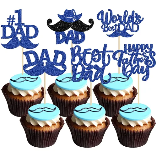 Vista 20 de Gyufise 24 piezas de decoración para cupcakes con bigote con purpurina negra del mundo para el mejor papá del mundo, decoraciones para el Día