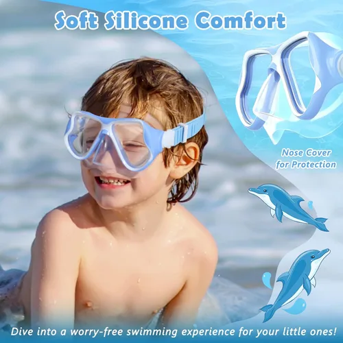 Vista 6 de Freela Paquete de 2 gafas de natación para niños y niñas de 3 a 14 años, lente de vidrio templado de 180° HD con cubierta de nariz para piscina