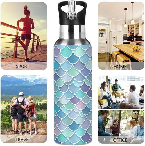 Vista 5 de BPA-Free Sports Water Bottle with Straw 32 Oz, Stainless Steel Vacuum Insulated Water Bottle for Gym Outdoor Travel School, Watercolor Mermaid