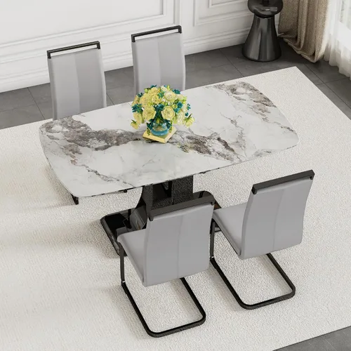 Vista 14 de Moderno juego de mesa de comedor para 4, mesa de vidrio de 63 pulgadas y base de MDF, mesa de comedor de mármol sintético negro con 4 sillas Mesa