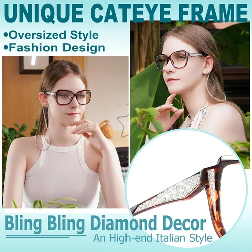 Vista 2 de Oversized Reading Glasses Cat-eye Full Frame Sun Readers for Women Black and Tortoise,Stylish Large Frame,Shiny Diamond Decors,Gray Sunglasses