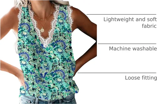 Vista 228 de VIISHOW - Camiseta sin mangas, sexy, con cuello en V y bordes de encaje para mujer, camisola de vestir, camisas de gasa, sin mangas, casuales