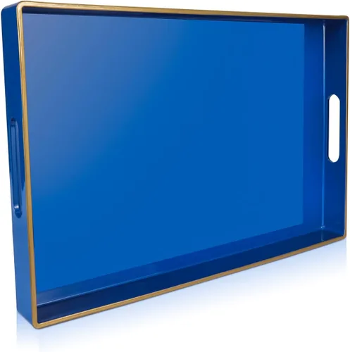 Vista 18 de Gifturbo - Bandeja de servir negra, bandejas de servir decorativas de mármol con asas, bandejas rectangulares de plástico para mesa de café otomanas