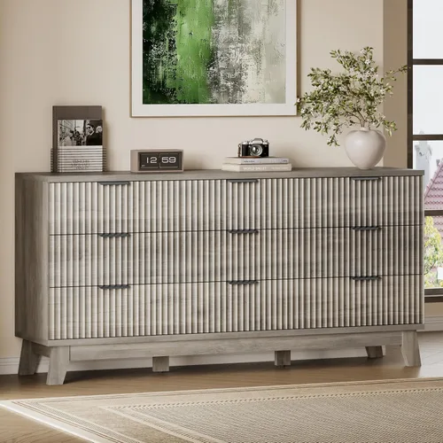 Vista 9 de BORNOON Cómoda acanalada de 3 cajones, 30.3 pulgadas de alto, cómoda bohemia compacta y moderna, armario de almacenamiento de madera