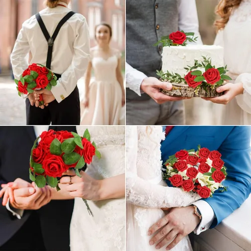 Vista 7 de LOKIPA 50 rosas artificiales, 50 unidades de rosas rojas de espuma de aspecto real, rosas artificiales con tallos para decoración de ramos de boda