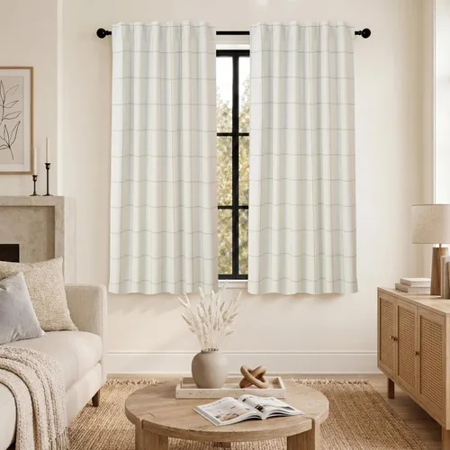 Vista 21 de DriftAway 2 paneles cortinas de lino a cuadros 100% opacas de doble capa cortinas para dormitorio de 96 pulgadas de largo estilo granja con Gris