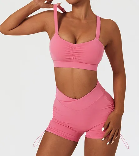 Vista 4 de ABOCIW Conjuntos de entrenamiento para mujer, 2 piezas, pantalones cortos de cintura alta cruzada y brasieres deportivos, trajes de yoga