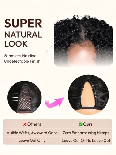Vista 7 de UNICE - Peluca de cabello humano lacio tipo afro con parte en V, sin pegamento, con parte en U mejorada, con pinzas de máquina, sin mechones fuera