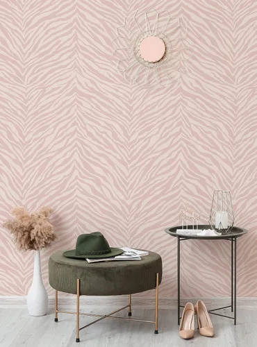 Vista 4 de Papel tapiz con estampado de cebra, despegar y pegar (rosa, hoja individual, 2 x 9 pies)
