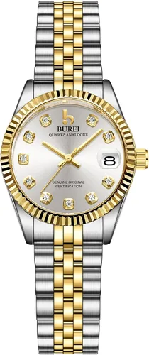Vista 13 de BUREI Reloj de negocios para mujer con fecha de día, movimiento de cuarzo analógico, pulsera de acero inoxidable de oro plateado, reloj de moda