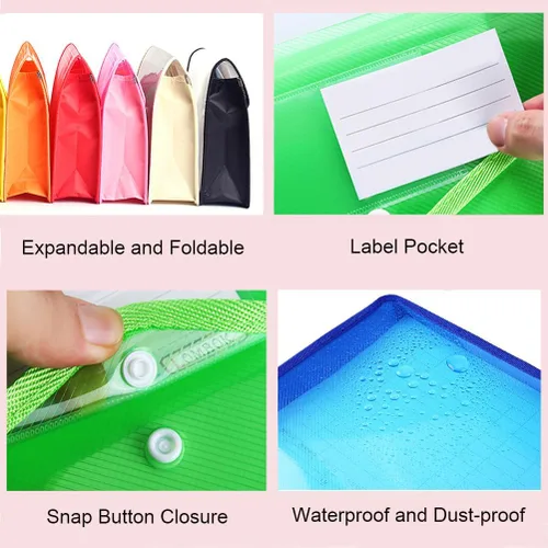 Vista 3 de Carpeta de archivos de plástico tamaño A4, sobres de polietileno expandibles, bolsa de archivos transparente impermeable con cierre a presión