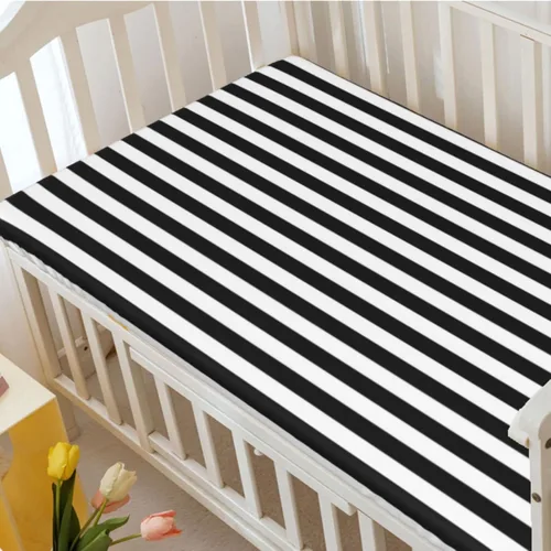 Vista 3 de Sábanas bajeras ajustables para cuna con temática de rayas blancas y negras, mini sábanas portátiles para cuna, material ultra suave, ideal