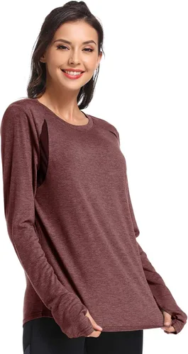 Vista 3 de Muzniuer Camisetas de entrenamiento de manga larga para mujer, camisetas lisas de manga larga para yoga, gimnasio, deportes, con agujero