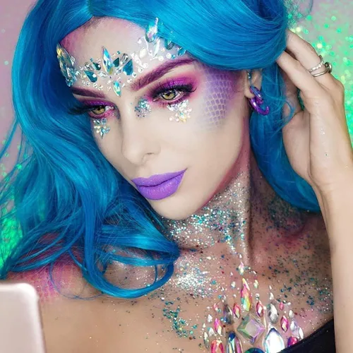 Vista 5 de iMethod - Joyas faciales y purpurina corporal, holográfica de sirena, 12 unidades Pegar en la cara gemas, brillo cosmético de la cara, disfraces