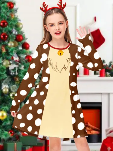 Vista 2 de Deerose Vestido de manga larga para niñas del día de San Patricio Mardi Gras, de 3 a 14 años Navidad café