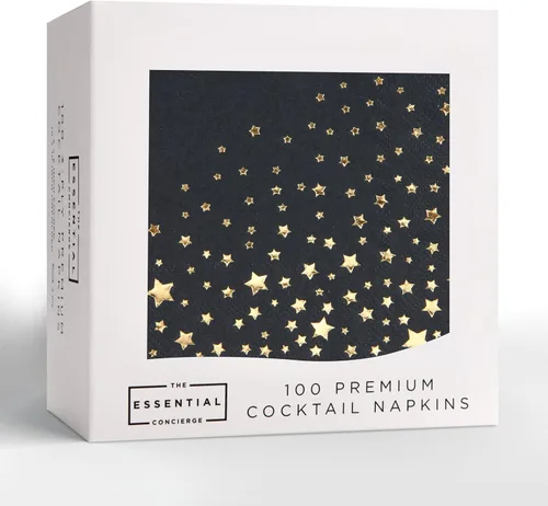Vista 4 de Elegantes servilletas negras y doradas, 100 servilletas de estrella negra, servilletas de cóctel negras y doradas de 5 x 5 pulgadas, servilletas