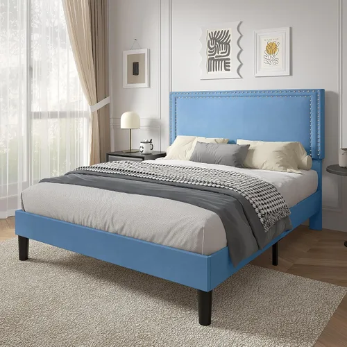 Vista 96 de VECELO Base de cama de plataforma de tamaño individual con cabecera tapizada de altura ajustable, base de colchón moderna, soporte de listones