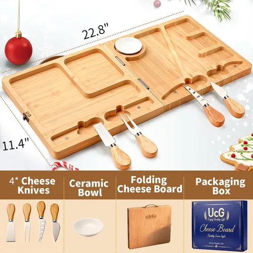 Vista 4 de UTCG Regalos de Tabla de Charcutería para Mujeres: Tabla de Queso Plegable de Bambú con Juego de Cuchillos - Regalo Único de Intercambio de Regalos