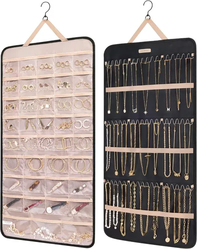 Vista 2 de BAGSMART Organizador de joyas colgante con ganchos de metal, soporte de joyería de doble cara para aretes + estuche organizador de joyas de viaje