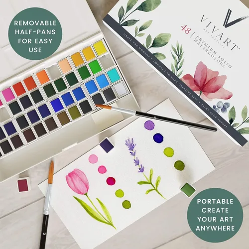 Vista 7 de Vivart Juego de acuarelas prémium de 48 colores para adultos y principiantes – 48 medias sartenes vívidas, 2 pinceles de calidad artística