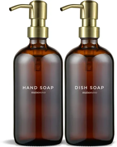 Vista 9 de MaisoNovo Dispensador de jabón de 1 pieza Botellas ámbar de 16.9 oz con bombas de plástico negro