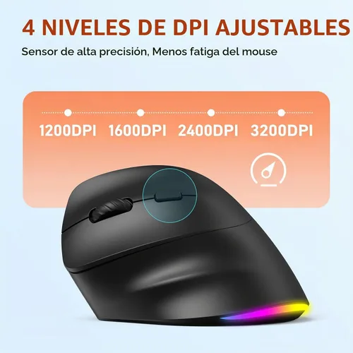 Vista 4 de MEETION Ratón vertical ergonómico inalámbrico zurdo, recargable - negro Bluetooth dual 5.2/3.0 + USB, iluminación RGB, 4 DPI ajustables